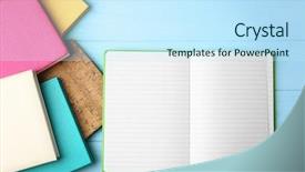  Presentation with college - Slides with college clubs - colorful notebooks on wooden background background and a sky blue colored foreground