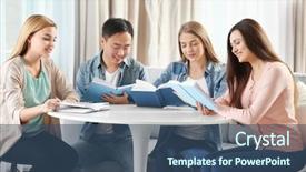  Presentation with club - PPT layouts having college clubs - people sitting at table background and a ocean colored foreground