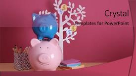  Presentation with money tree - PPT theme featuring college costing - cute piggy banks with coins background and a coral colored foreground