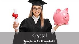  Presentation with student - PPT theme with college costing - happy female graduate student holding background and a dark gray colored foreground