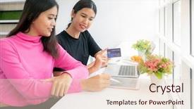  Presentation with credit card - Colorful PPT theme enhanced with college credits - asain female freelance holding credit backdrop and a  colored foreground