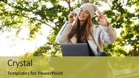  Presentation with credit card - Presentation theme having college credits - happy young woman dressed background and a  colored foreground