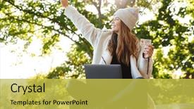  Presentation with credit card - Audience pleasing PPT theme consisting of college credits - happy young woman dressed backdrop and a  colored foreground