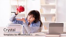  Presentation with worried young female college student - Slide set with college credits - young female student in educational background and a  colored foreground