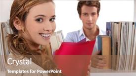  Presentation with library - Slides having college dating - couple flirting in a library background and a coral colored foreground