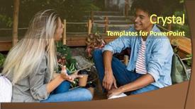  Presentation with part time job - Presentation theme featuring college dating - excited young multiethnic couple talking background and a tawny brown colored foreground