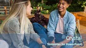  Presentation with young happy couple - Audience pleasing slides consisting of college dating - happy young multiethnic couple talking backdrop and a ocean colored foreground