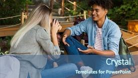  Presentation with young happy couple - Beautiful slides featuring college dating - happy young multiethnic couple talking backdrop and a ocean colored foreground