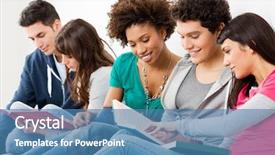  Presentation with group of happy couples - Colorful slide set enhanced with college ethnic - group of happy young friends backdrop and a teal colored foreground