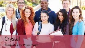  Presentation with college campus - Slides with college ethnic - portrait of university students outdoors background and a  colored foreground