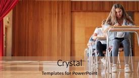  Presentation with examination hall - Slide deck with college examinations - group of teenage students sitting background and a coral colored foreground