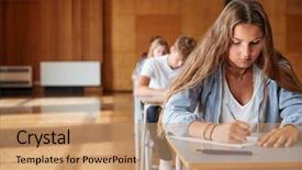  Presentation with examination hall - Colorful PPT theme enhanced with college examinations - group of teenage students sitting backdrop and a coral colored foreground