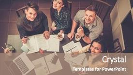  Presentation with group of students raising hands - Beautiful theme featuring college food - group of cheerful students preparing backdrop and a coral colored foreground