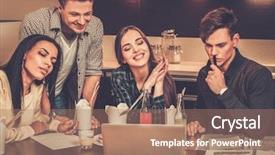  Presentation with students - Presentation theme consisting of college food - group of cheerful students preparing background and a coral colored foreground