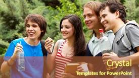  Presentation with group of students raising hands - Beautiful PPT theme featuring college food - group of students backdrop and a  colored foreground