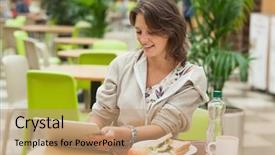  Presentation with cafeteria benefit - PPT layouts with college food - young woman using tablet pc background and a  colored foreground