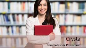  Presentation with library - Presentation design having college girls - portrait of a smiling student background and a coral colored foreground