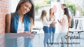  Presentation with university student internship - Presentation having college girls - pretty student using her smartphone background and a light blue colored foreground