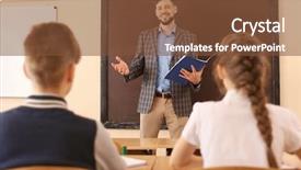 Presentation with listening - Theme having college grades - pupils listening teacher in classroom background and a tawny brown colored foreground
