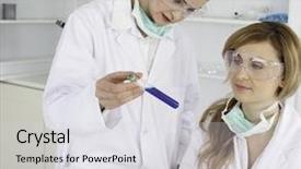  Presentation with lab test - Beautiful theme featuring college health - female scientists looking backdrop and a  colored foreground