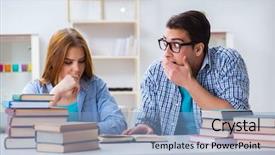  Presentation with university - Colorful PPT theme enhanced with college interns - pair of students studying backdrop and a light blue colored foreground