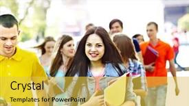  Presentation with college - Colorful presentation design enhanced with college lifestyle - group happy people wit backdrop and a yellow colored foreground