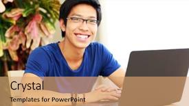  Presentation with cheerful - Audience pleasing PPT theme consisting of online students - cheerful asian man sitting backdrop and a coral colored foreground