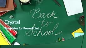  Presentation with green chalkboard - Beautiful presentation theme featuring college orientation - back to school supplies backdrop and a ocean colored foreground