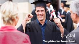  Presentation with graduation black graduate hat - PPT theme featuring parents college - excited male graduate holding his background and a  colored foreground