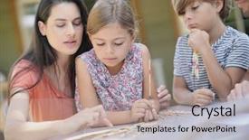  Presentation with family playing board game - Colorful PPT theme enhanced with happy family enjoying playing game backdrop and a coral colored foreground
