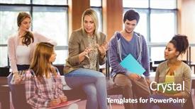  Presentation with college students - PPT layouts consisting of college professor - happy students talking with their background and a violet colored foreground