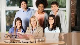  Presentation with books - Beautiful PPT layouts featuring college professor - portrait of happy students backdrop and a coral colored foreground