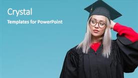  Presentation with question - Slides consisting of college questions - young blonde woman wearing graduate background and a teal colored foreground
