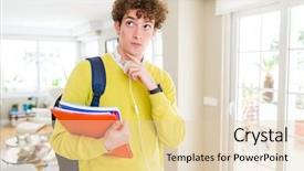  Presentation with headphones - Amazing PPT theme having college questions - young student man wearing headphones backdrop and a lemonade colored foreground
