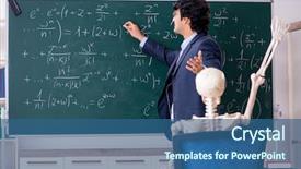  Presentation with math teacher - Amazing PPT theme having young male math teacher and student skeleton backdrop and a ocean colored foreground
