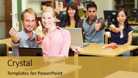  Presentation with students - Presentation featuring college seminar - five students holding their thumbs background and a gold colored foreground