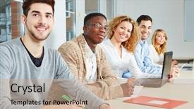  Presentation with learning - Beautiful theme featuring college seminar - happy students learning in class backdrop and a coral colored foreground