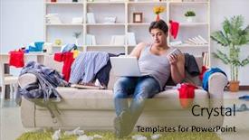 Presentation with messy - Amazing PPT theme having college soccer - young man working studying backdrop and a coral colored foreground