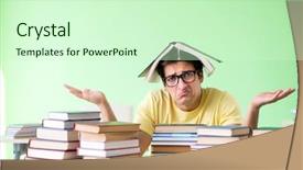  Presentation with many books - Beautiful PPT theme featuring college stress - student with too many books backdrop and a soft green colored foreground