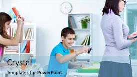  Presentation with black teacher - Presentation theme featuring college student holding black spider and going to frighten his teacher at lesson background and a light blue colored foreground