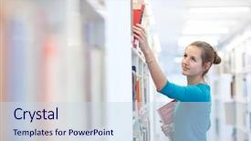  Presentation with library - Amazing slide deck having college student in a library backdrop and a sky blue colored foreground