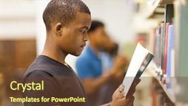  Presentation with college - PPT theme with college student reading in library background and a tawny brown colored foreground