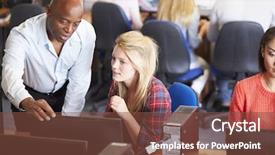  Presentation with technology students - PPT theme featuring college students at computers in technology class background and a tawny brown colored foreground