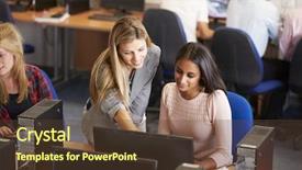  Presentation with technology students - Slide deck enhanced with college students at computers background and a tawny brown colored foreground