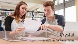  Presentation with college students and laptop - Slide deck with college students collaborating on project background and a  colored foreground