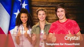  Presentation with college students - Presentation design consisting of college students gesturing thumbs up in library against usa flag on table background and a coral colored foreground