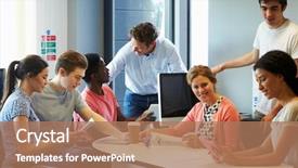  Presentation with college students - Cool new PPT layouts with college students having informal meeting backdrop and a coral colored foreground