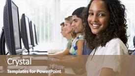  Presentation with college students - PPT theme with college students in a computer background and a coral colored foreground