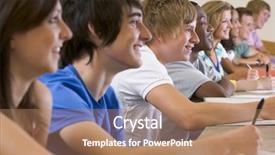  Presentation with attention - Amazing PPT theme having college students listening backdrop and a coral colored foreground