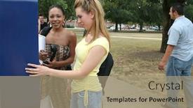  Presentation with college campus - Beautiful presentation theme featuring college-students-on-campus backdrop and a coral colored foreground